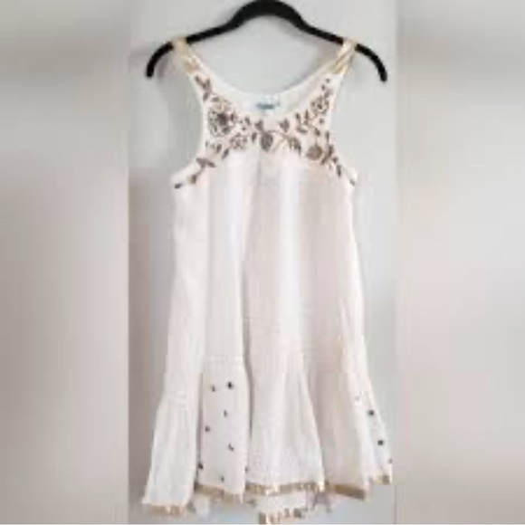 Anthropologie Leifsdottir LEIFNOTES Hi-Lo white Eyelet Gold Beaded Dress, Sz 6 - Picture 15 of 16
